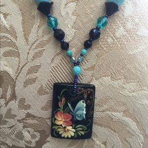 Hand painted butterfly on blk/blue beaded necklace